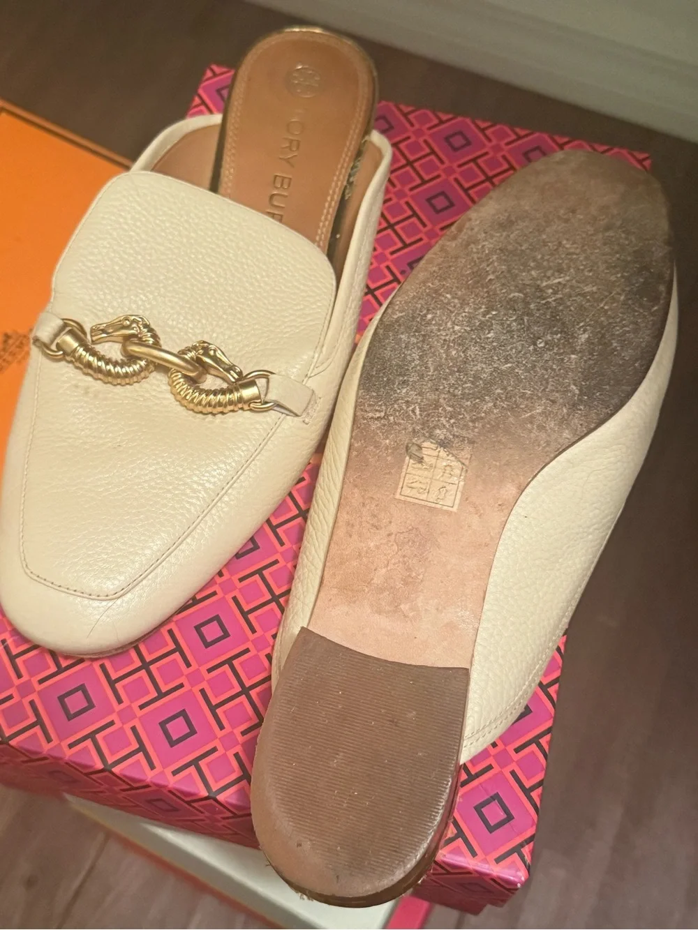 Tory Burch Cream Leather Chain-Trim Mules